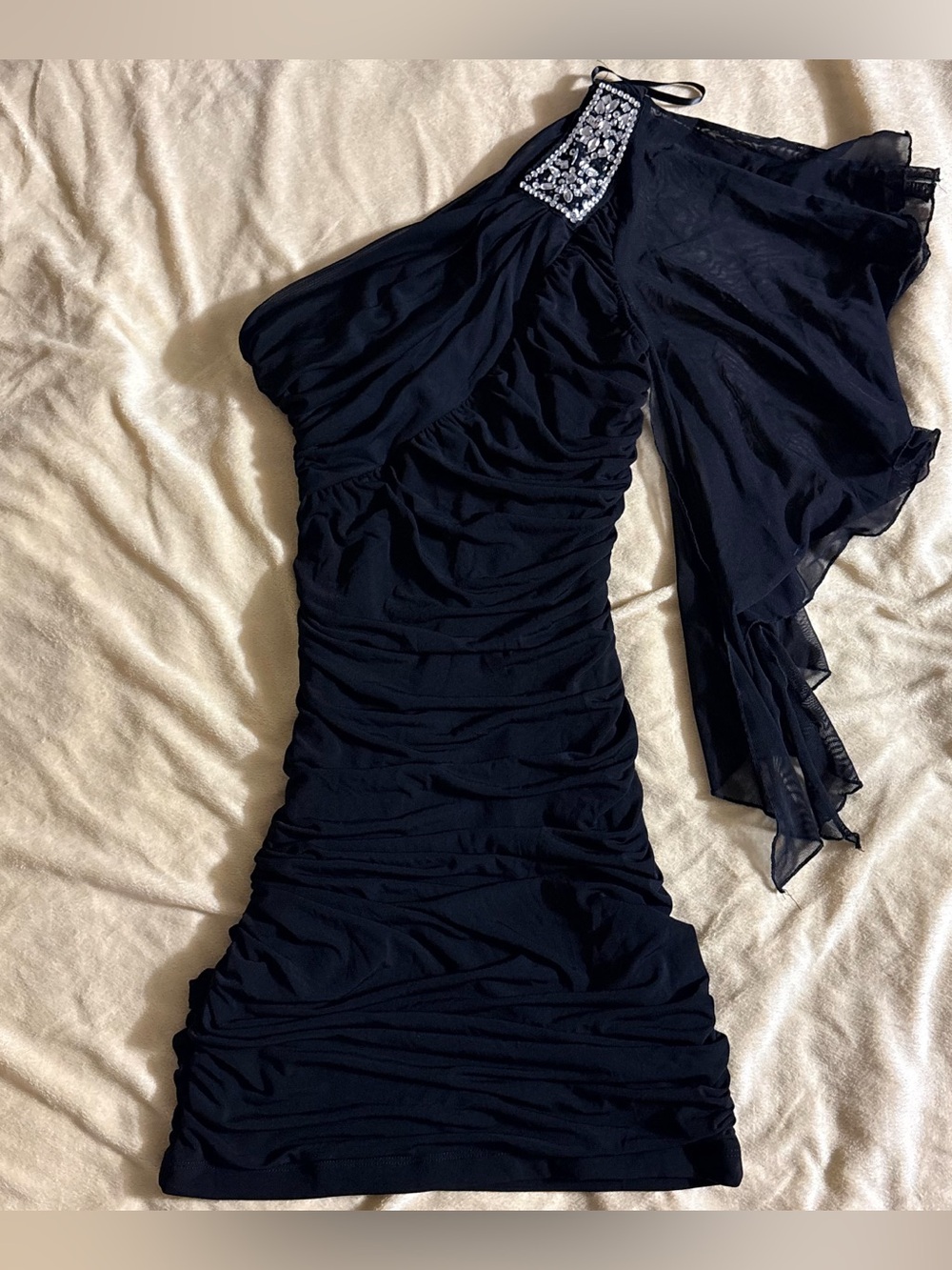 Jodi Kristopher Black One Shoulder Ruched Dress S Small Rhinestone Cape Cocktail